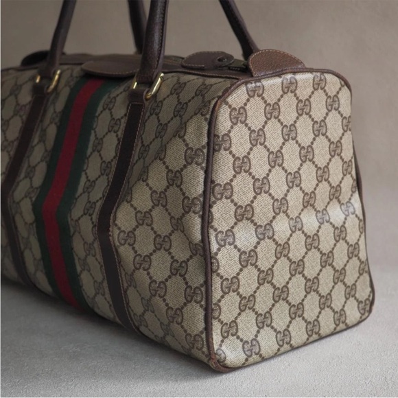 Gucci Beige and Brown Duffel Bag with Red and Green Stripe - Picture 4 of 10